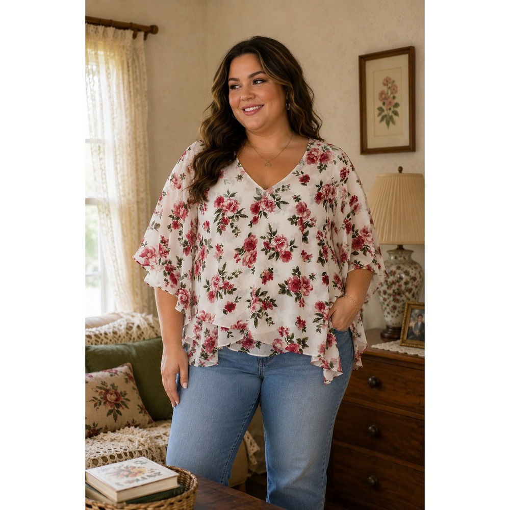 Chelsea & Theodore Woman Floral V-Neck Blouse Tiered Ruffle Sleeve White Pink 1X